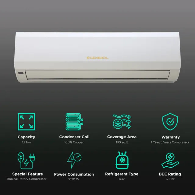 O General Premium 1.1 Ton White Split Air Conditioner: Ultra-Efficient Cooling & Energy Saving (Model: ASGA12BMWB)